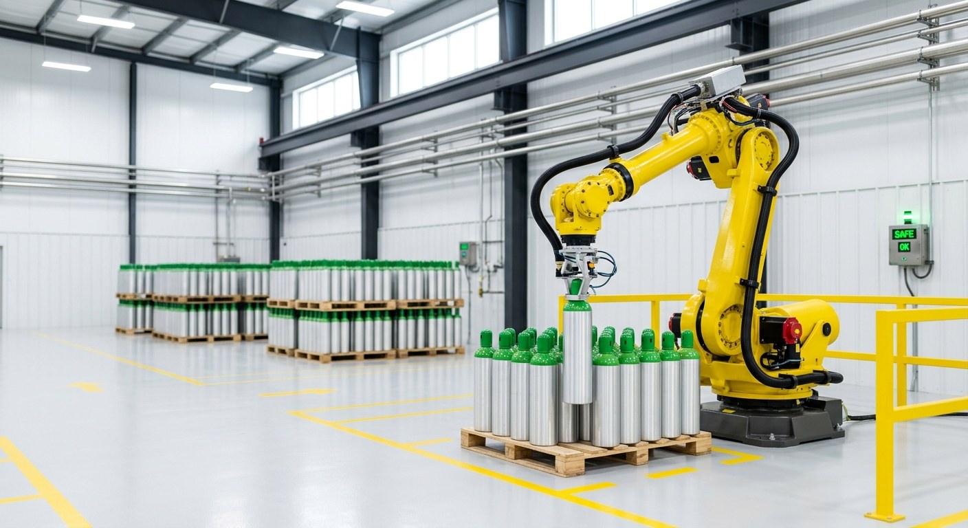 A yellow robotic arm lifting a gas cylinder onto a pallet in a bright, clean, automated facility.
